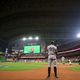 Aaron Judge #99 of the New York Yankees stands in the on deck circle against the Houston Astros during the first inning in game one of the American League Championship Series at Minute Maid Park on October 12, 2019 in Houston, Texas.
